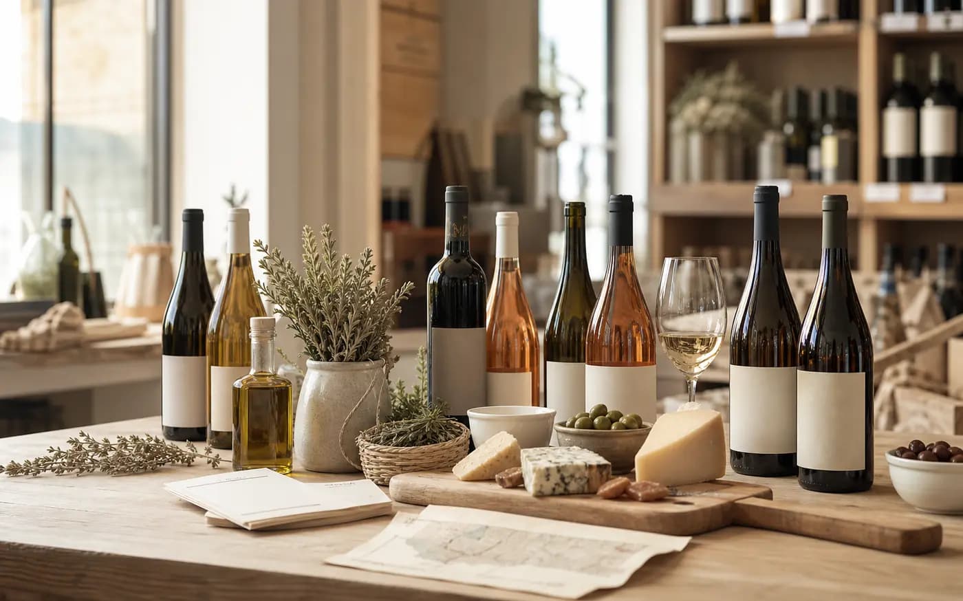 Wein, Käse und Feinkost als Genussauswahl