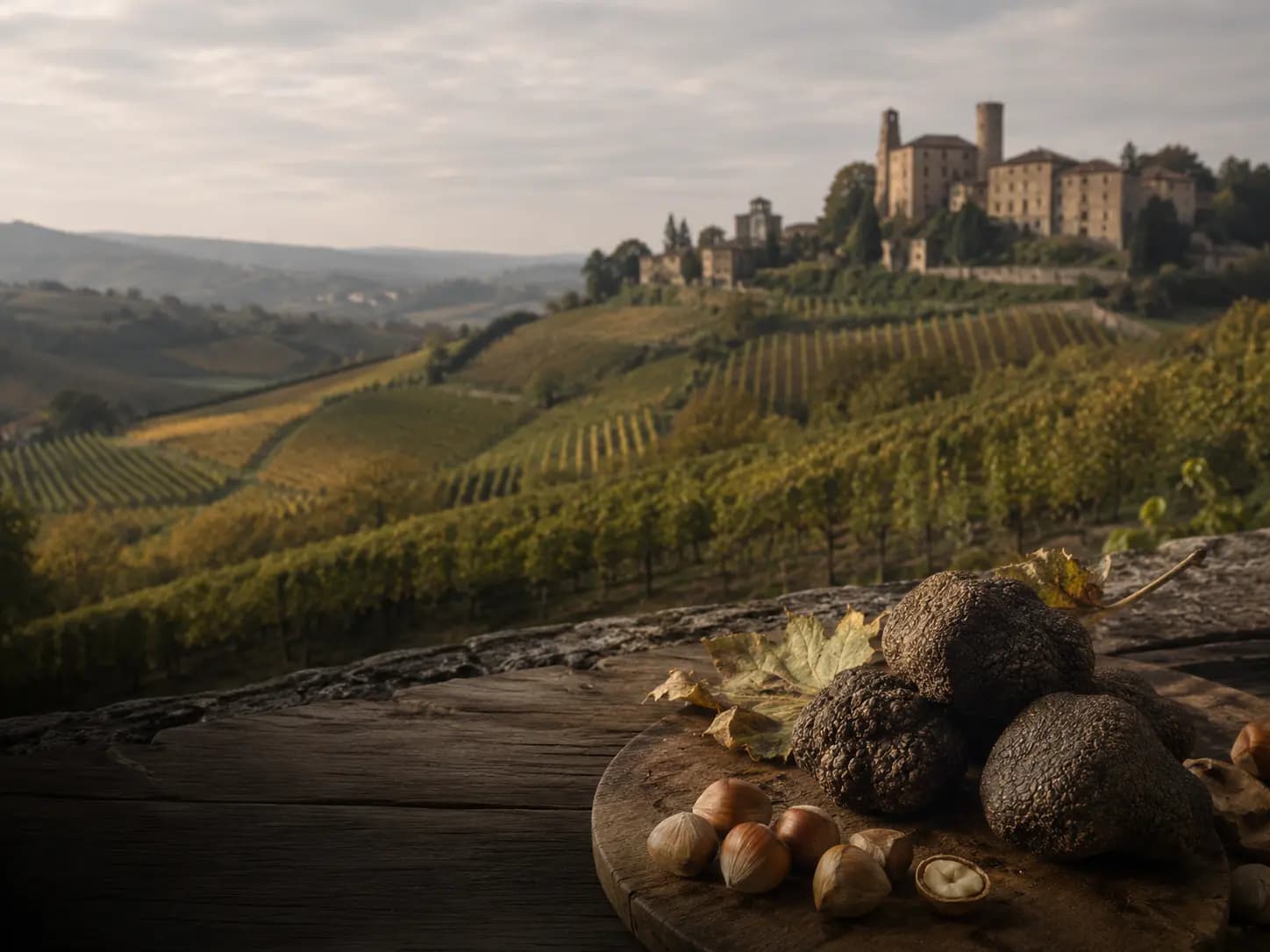 Weinberge im Piemont bei warmem Tageslicht