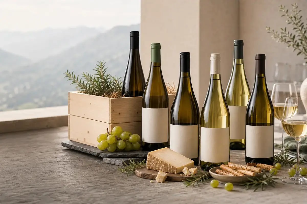 Südtirol Einstiegspaket mit Weinflaschen, Glas und alpiner Frische