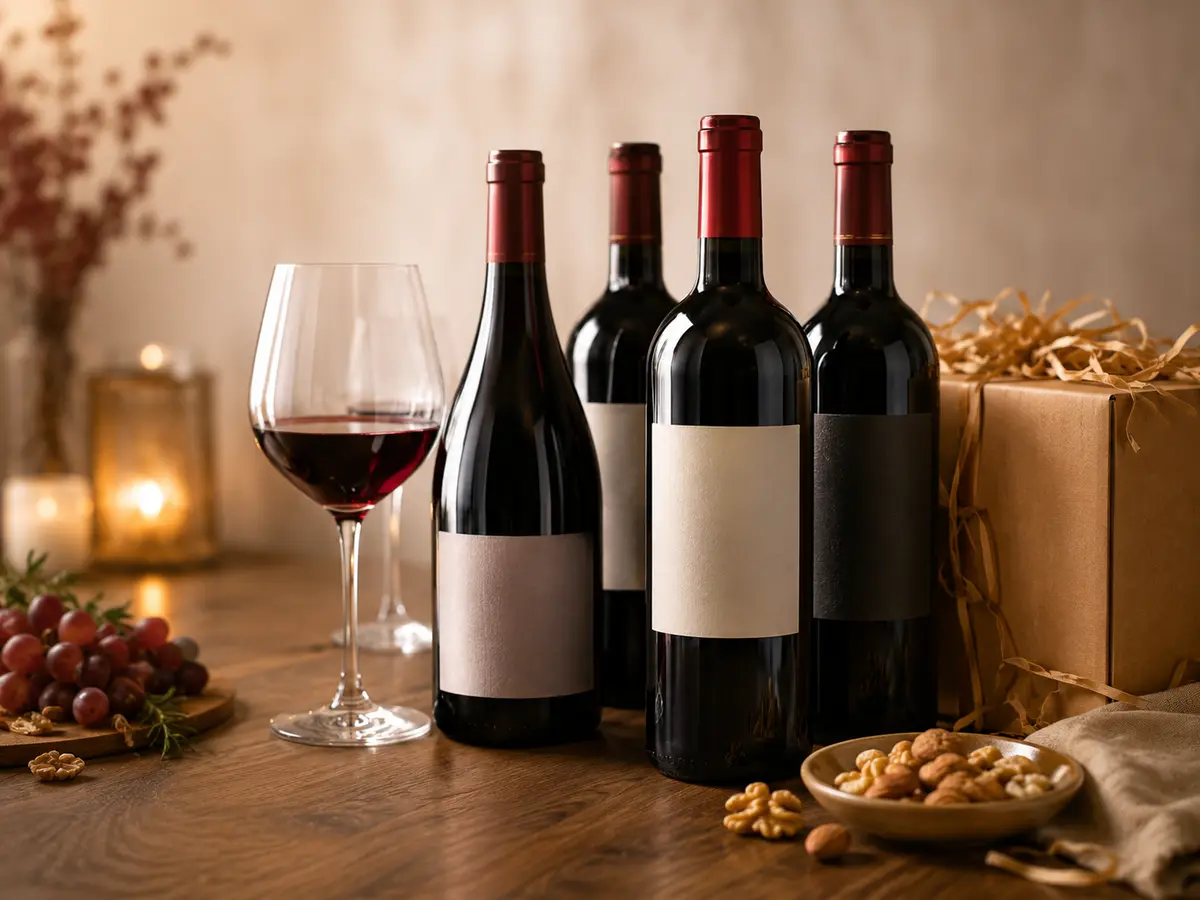 Primitivo Abendpaket mit Rotweinflaschen, Weinglas und Geschenkbox