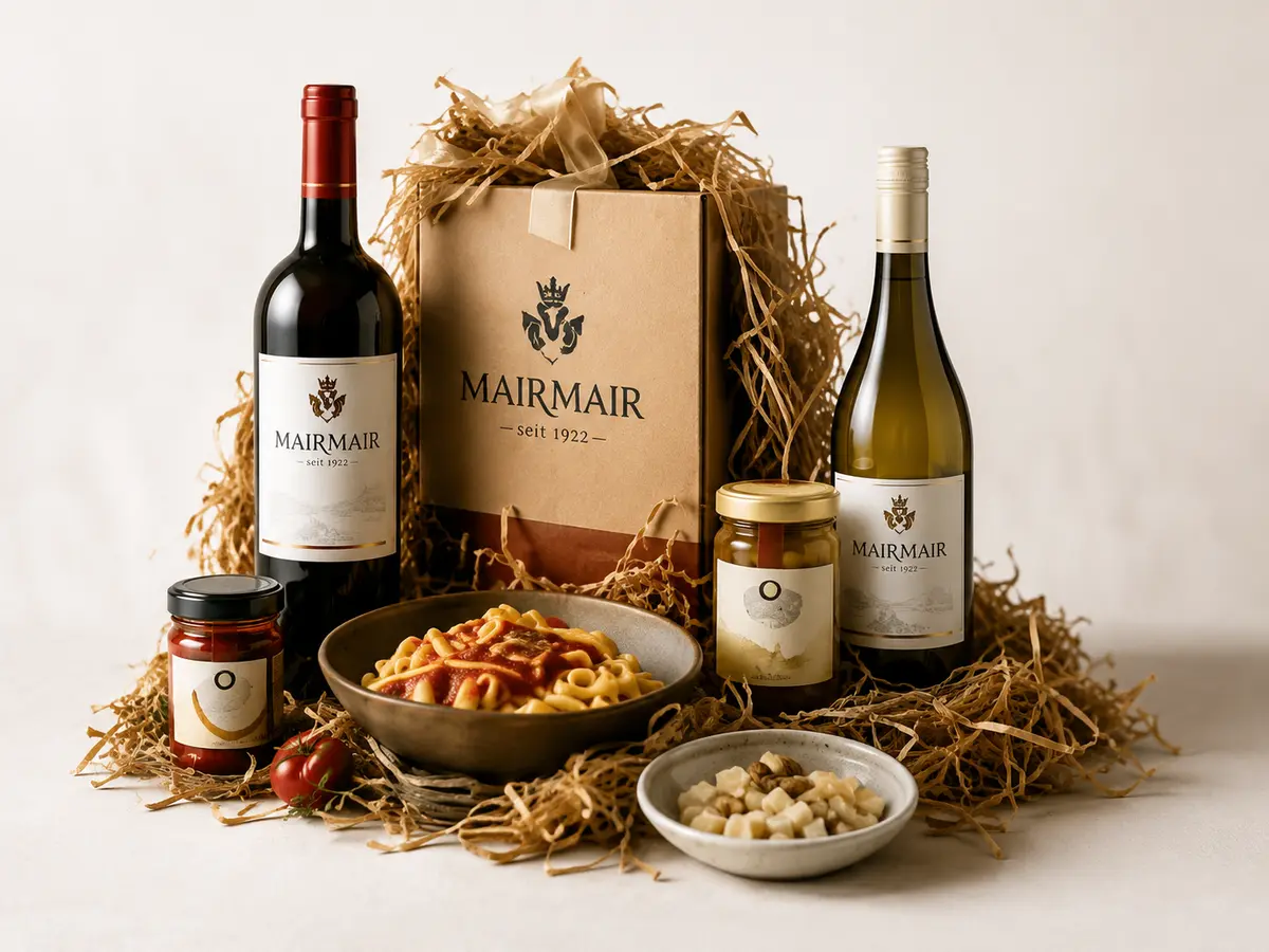 Geschenkpaket Südtirol mit Mair Mair Geschenkbox, Wein und Feinkost