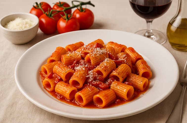 Mezze-Maniche-all-Amatriciana-Nahaufnahme-mit-viel-Tomatensosse