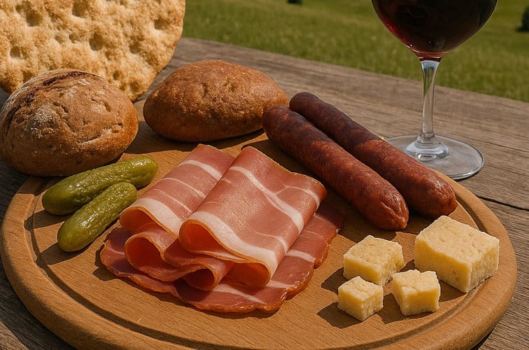 Suedtiroler-Marende-rundes-Holzbrett-mit-Wein-und-Speck